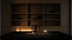 Modern minimalist interior design featuring wooden elements and ceramic accessories.