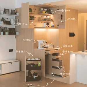 Modern kitchen featuring wood and metal storage solutions, including shelves, cabinets, and a coffee station.