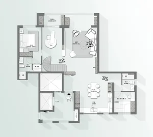 A modern living room floor plan featuring wooden furniture and a central staircase.