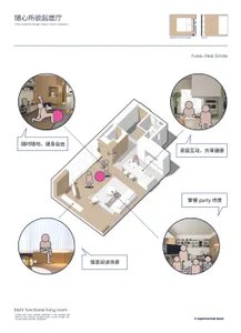 A modern living room with storage options, featuring multiple activities such as reading, exercising, and party scenes.