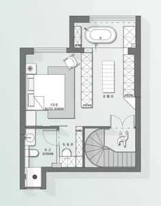 A detailed 2D architectural drawing of a modern residential space with a bedroom, bathroom, closet, and stairs.