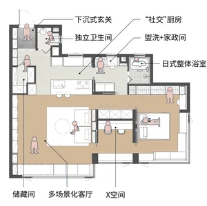 Detailed floor plan of a modern residential kitchen interior with various functional areas and storage compartments.