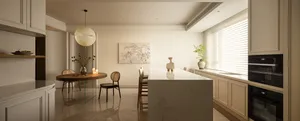 現代簡約住宅廚房，配有白色大理石檯面、白色櫥櫃與白色家具。