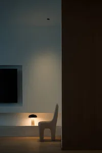 A simplistic, minimalist residential interior with concrete walls and floor. A table lamp and a modern, sculptural chair are 