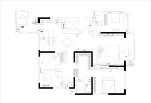 Modern apartment floor plan with open floor layout, kitchen, living room, bedrooms, and bathrooms.