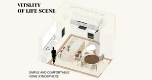 A modern family room with marble furniture and a minimalist design.