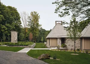 Modern residential house exterior made of stone.