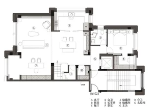 Floor plan of a modern residential home with detailed layout of rooms and spaces.