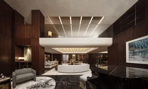 Modern hotel suite featuring marble and wooden finishes.