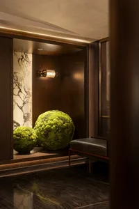 A modern lobby with marble walls and large, decorative moss spheres.