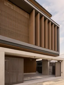 Modern building facade featuring wooden columns and a wooden slat wall.