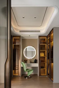 Modern wardrobe dressing room with glass, wood, and metal elements