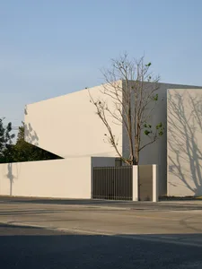 Modern minimalist building with concrete exterior and bare tree