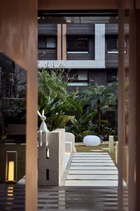 Concrete pathway leading through a modern residential yard surrounded by greenery.