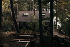 A modern house nestled in a wooded cityscape, featuring wood as its primary building material.