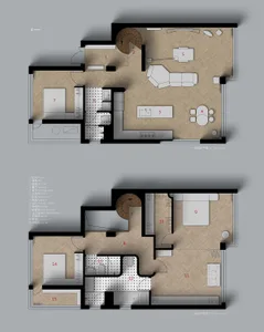 Modern architectural floor plan featuring a living room, kitchen, and bedroom.