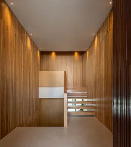 A minimalist interior design featuring wooden walls.