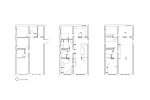 Simplified line drawing of a modern residential structure's floor layout