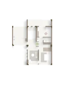 A floor plan of a residential space with neutral tones, showing living areas, bedrooms, and bathrooms.