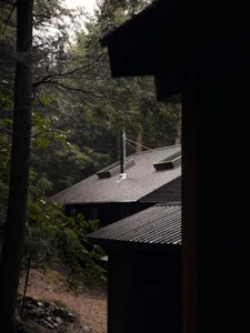 A wooden cabin nestled in a forest with a chimney and skylights.
