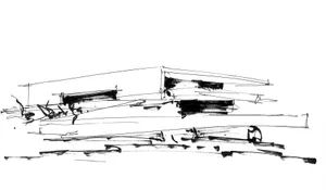 A modern architecture sketch created with black ink on a white background.