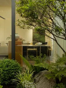Modern living room with glass furniture and greenery
