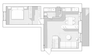 Floor plan of a minimalist apartment with a bedroom, bathroom, and living area.