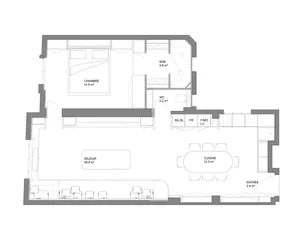 Floor plan of a modern apartment showing a bedroom, living room, kitchen, and other functional zones.