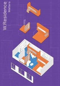 An isometric view of a modern living room with orange furniture and a blue rug.