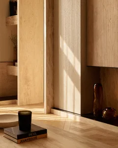 A modern living room featuring wood furniture and natural light.