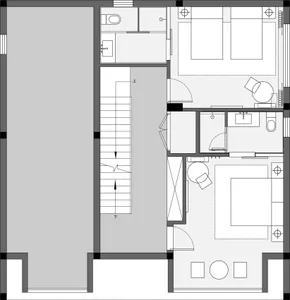 A detailed 2D architectural drawing of an apartment layout with rooms labeled and a staircase.
