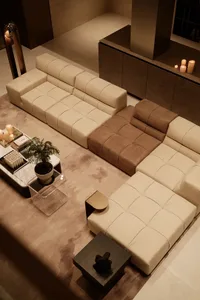 High-end living room with leather cushions and plush seating