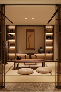 A modern small room interior with minimalist design, featuring wooden furniture and lighting on the wall.