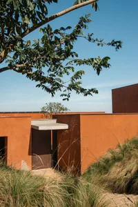 A modern residential entryway with a concrete exterior and a tree nearby.