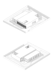 Isometric architectural drawing of a modern house with industrial and minimalist design features.