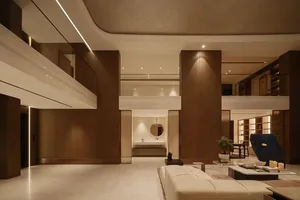 Modern living room with minimalist design, featuring wooden finishes and contemporary furniture.