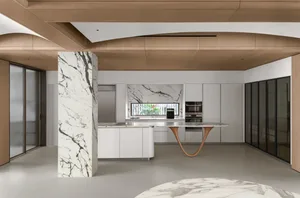 Modern residential kitchen featuring a marble countertop and floor.