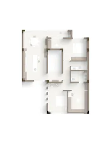 A minimalist residential floor plan featuring a neutral color palette.
