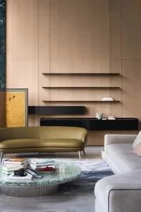Modern living room featuring a concrete floating shelf with a view of the floor plan.