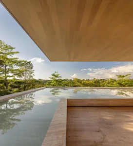 A modern architectural exterior designed with wooden panels and a reflecting pool overlooking greenery.