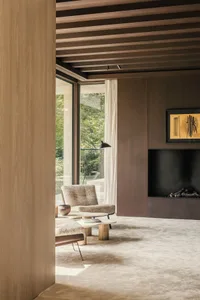 Modern living room featuring a cozy seating area with wooden flooring, a comfortable armchair, and a sleek fireplace.