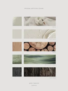 A minimalist home interior featuring a combination of soft fabrics, creamy latex paint, stacked logs, a green grass carpet, a