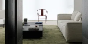 A minimalist living room with modern furniture, including a beige sofa, green carpet, and a black coffee table.