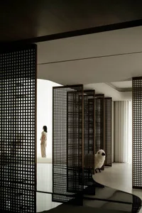Modern minimalist hallway with black metal mesh panels and white curtains.