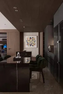 Contemporary kitchen featuring muted-tones in a dark color palette