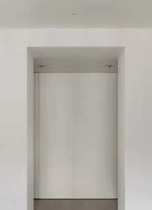 Modern minimalist entryway with white paneled walls and minimalist lighting fixtures.
