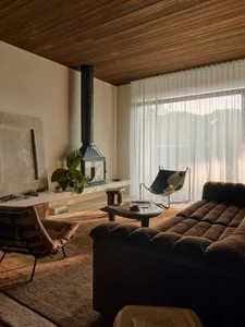 A modern living room featuring a cozy sofa adorned with plush cushions, set against a backdrop of warm wooden walls and ceili