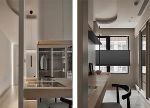 A modern minimalist residential interior featuring wooden furniture, glass cabinets, and metallic accents.