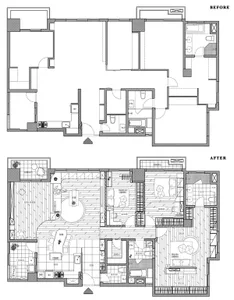 A comparative blueprint before and after a re-design of a residential interior space.
