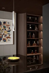 A modern alcohol bar with wooden shelves displaying various bottles of liquor.
